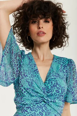 Jumpsuits^Liquorish Animal Print Knot Front Jumpsuit Blue