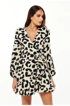 Mini Dresses^Liquorish Animal Print Mini Wrap Dress With Long Sleeves White