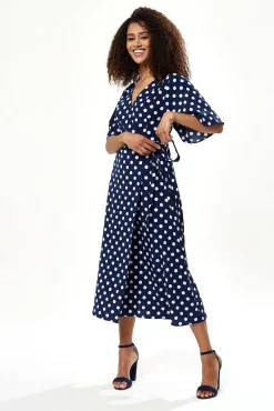 Midi Dresses^Liquorish Big Polka Dot Midi Wrap Dress Navy