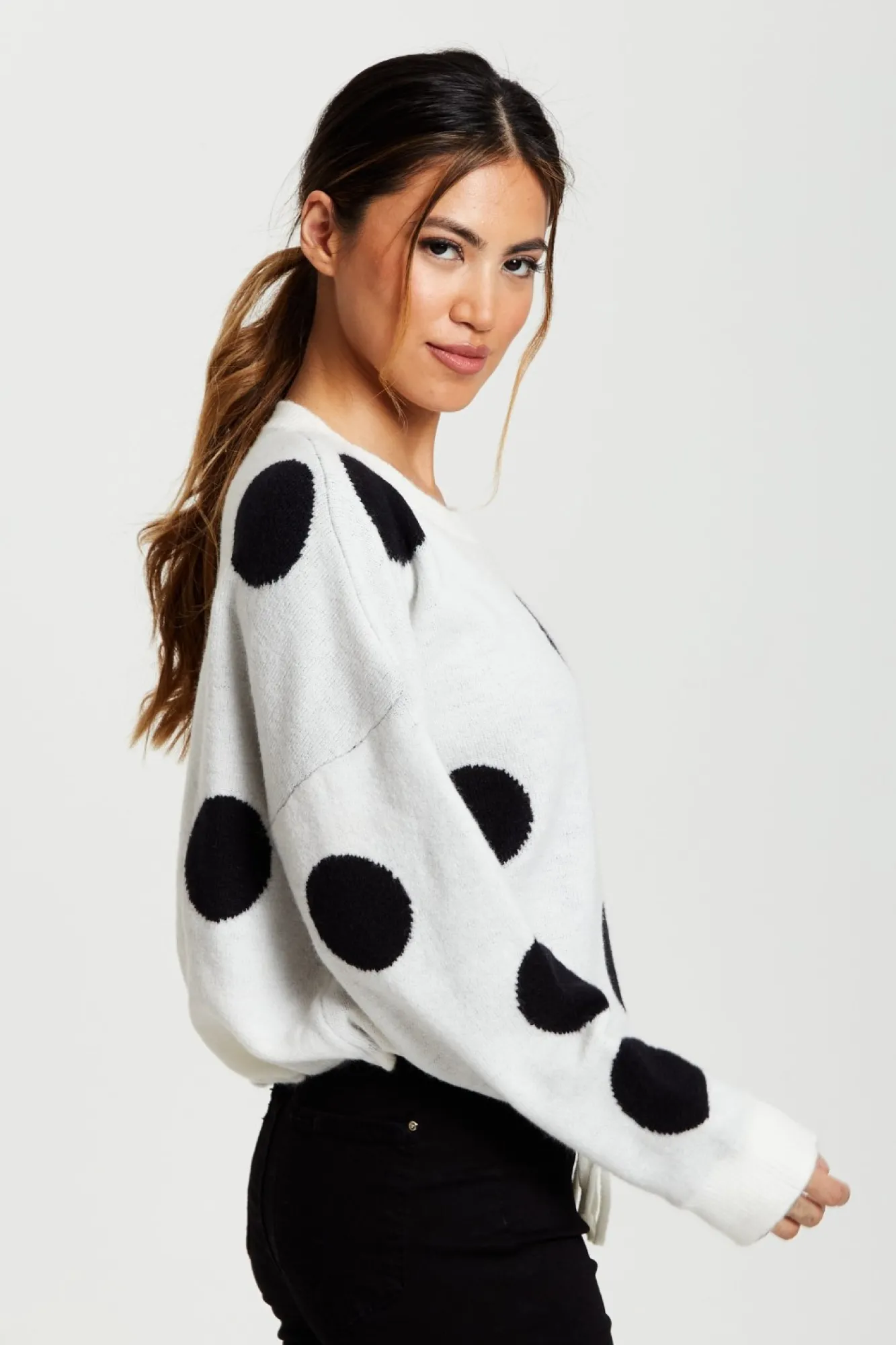 Jumpers^Liquorish Black Polka Dot Jumper In White