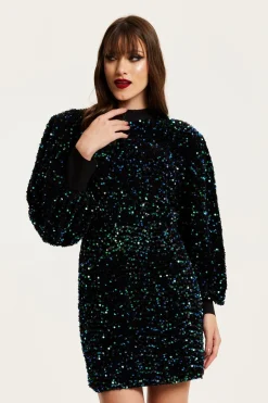 Mini Dresses^Liquorish Black Velvet Based Green And Blue Sequin Mini Dress Multicolor