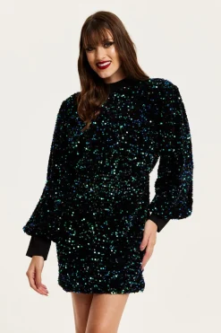 Mini Dresses^Liquorish Black Velvet Based Green And Blue Sequin Mini Dress Multicolor