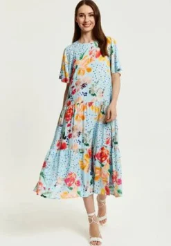 Midi Dresses^Liquorish Blue Floral Print Maxi Smock Dress Multicolor