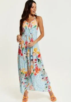 Midi Dresses^Liquorish Blue Floral Print Midi Asymmetrical Dress With Open Back Multicolor