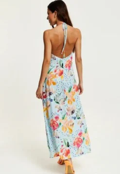 Midi Dresses^Liquorish Blue Floral Print Midi Asymmetrical Dress With Open Back Multicolor
