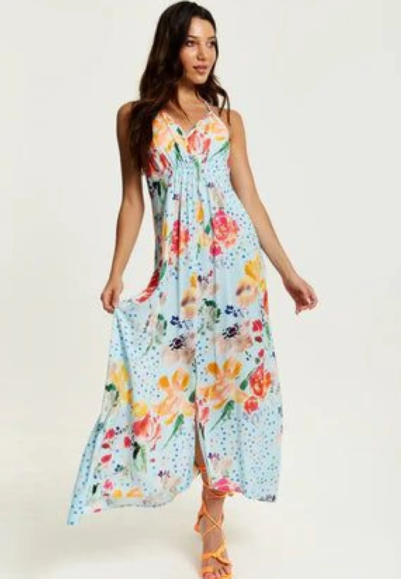 Midi Dresses^Liquorish Blue Floral Print Midi Asymmetrical Dress With Open Back Multicolor