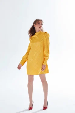 Mini Dresses^Liquorish Check Jacquard Mini Dress With High Neck Mustard