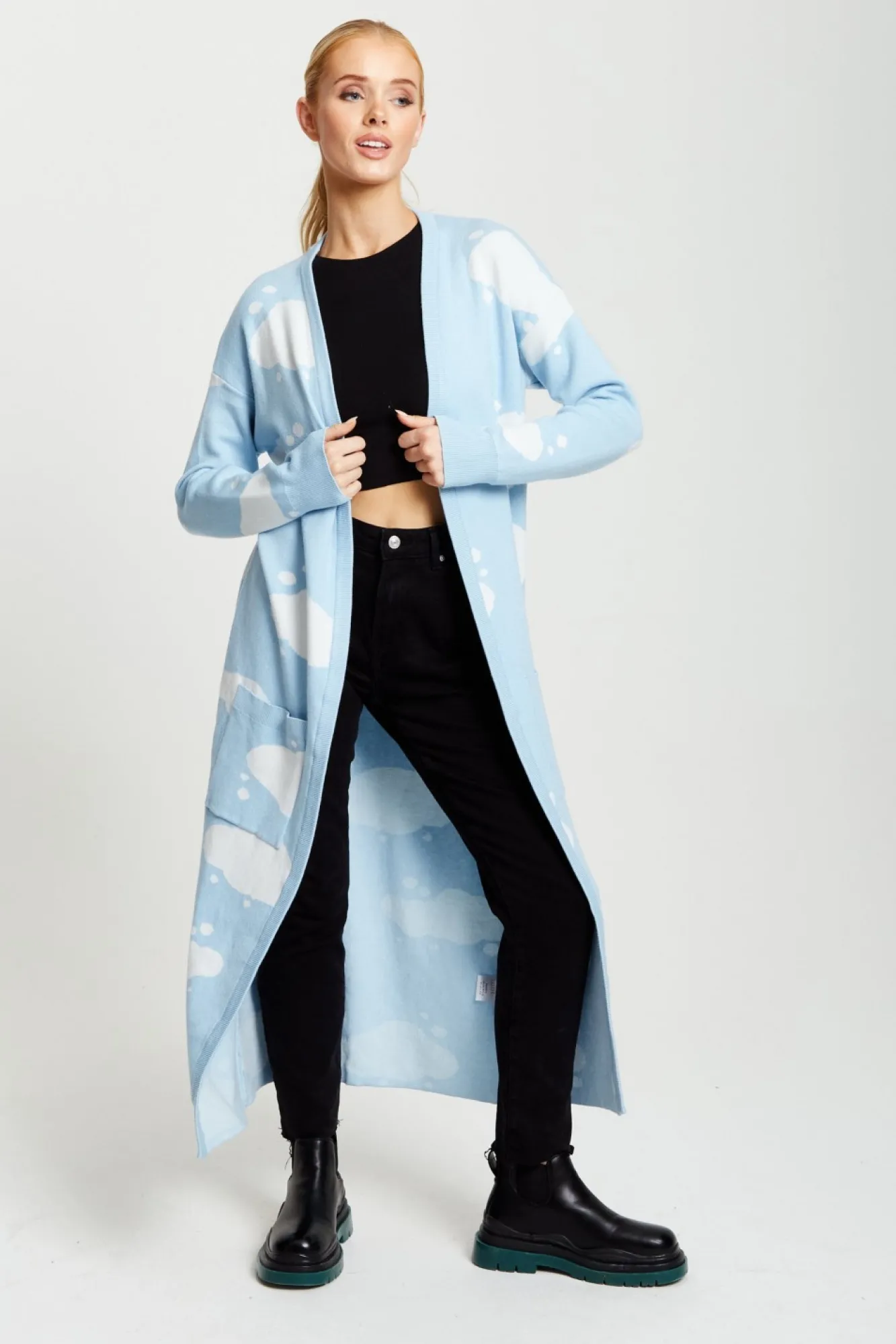 Cardigans^Liquorish Cloud Pattern Longline Cardigan In Light Blue