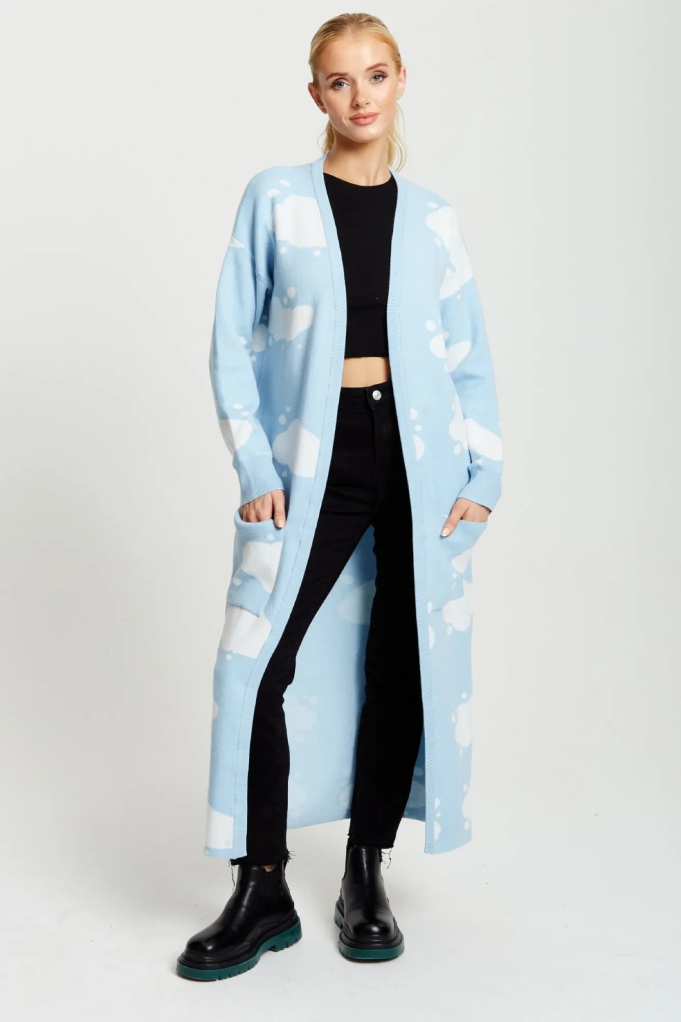 Cardigans^Liquorish Cloud Pattern Longline Cardigan In Light Blue
