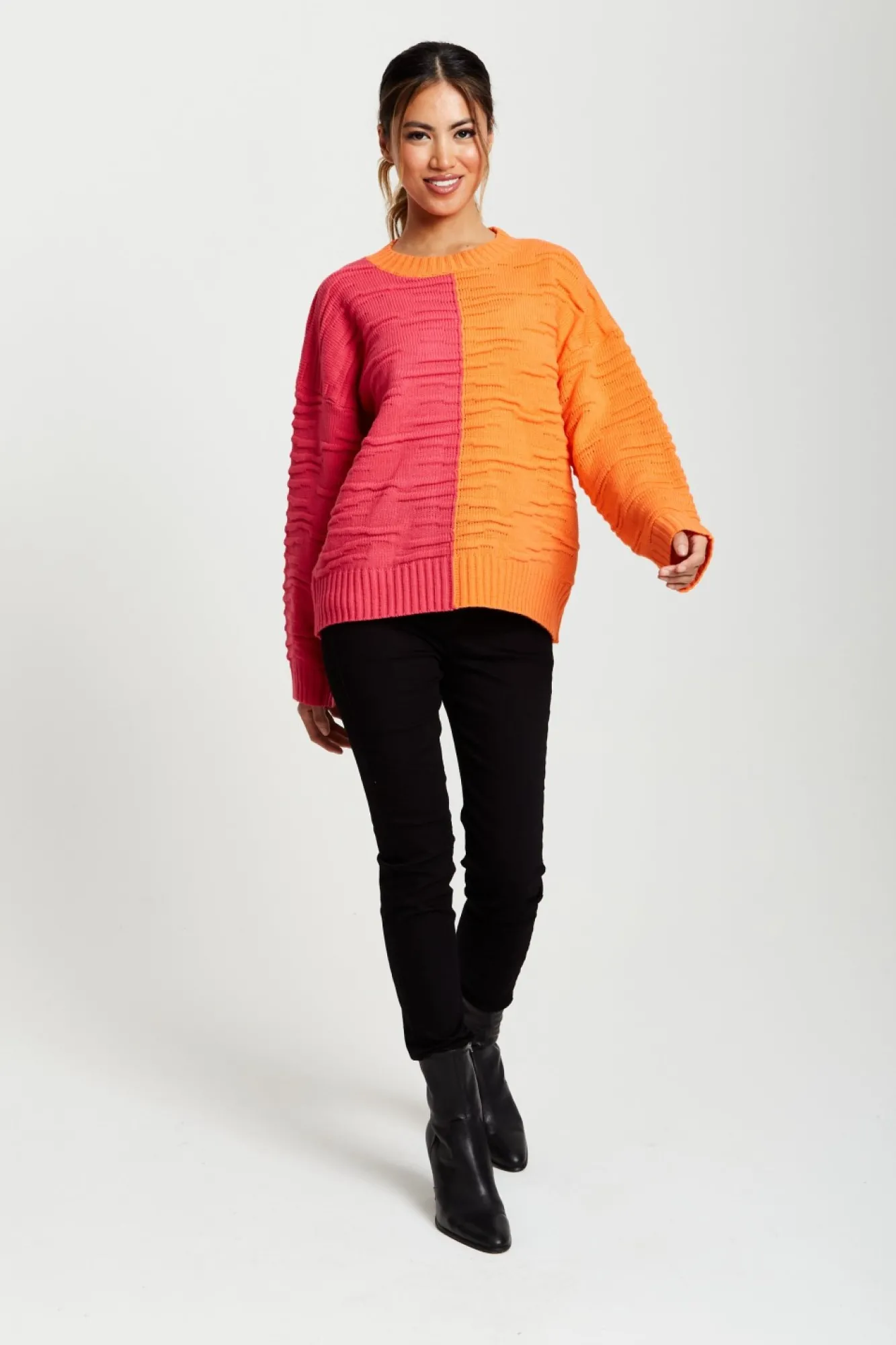 Jumpers^Liquorish Colour Block Jumper In Orange And Pink Orangepink