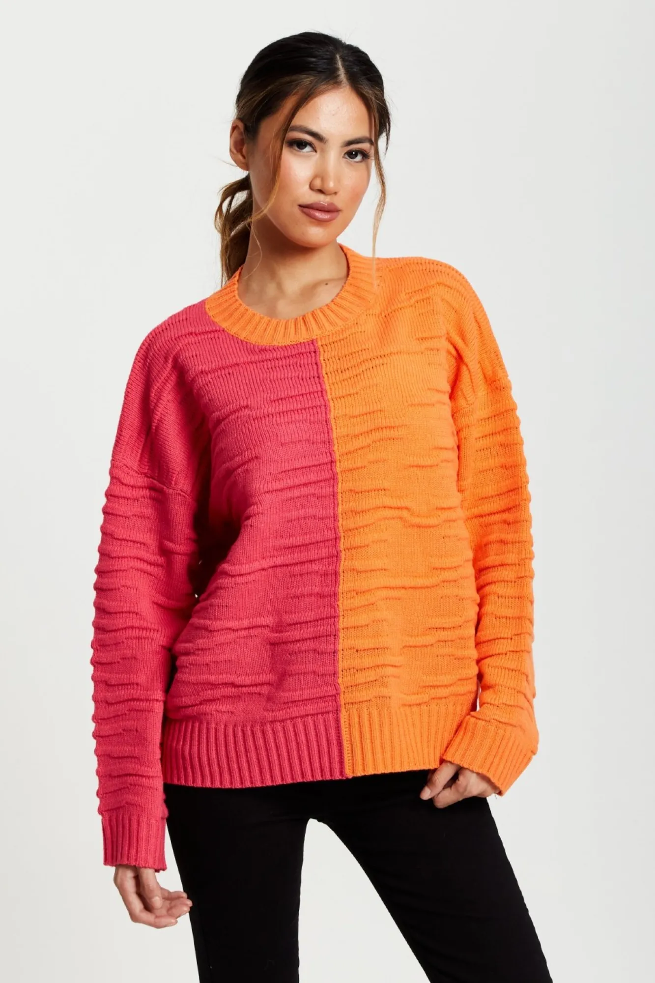 Jumpers^Liquorish Colour Block Jumper In Orange And Pink Orangepink
