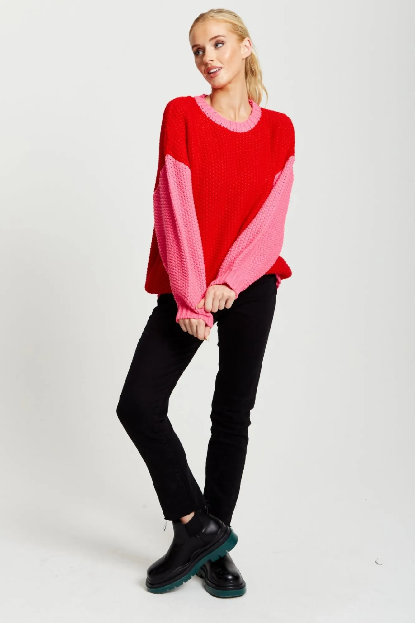 Jumpers^Liquorish Contrast Sleeve Jumper In Pink And Red Pinkred