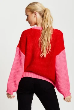 Jumpers^Liquorish Contrast Sleeve Jumper In Pink And Red Pinkred