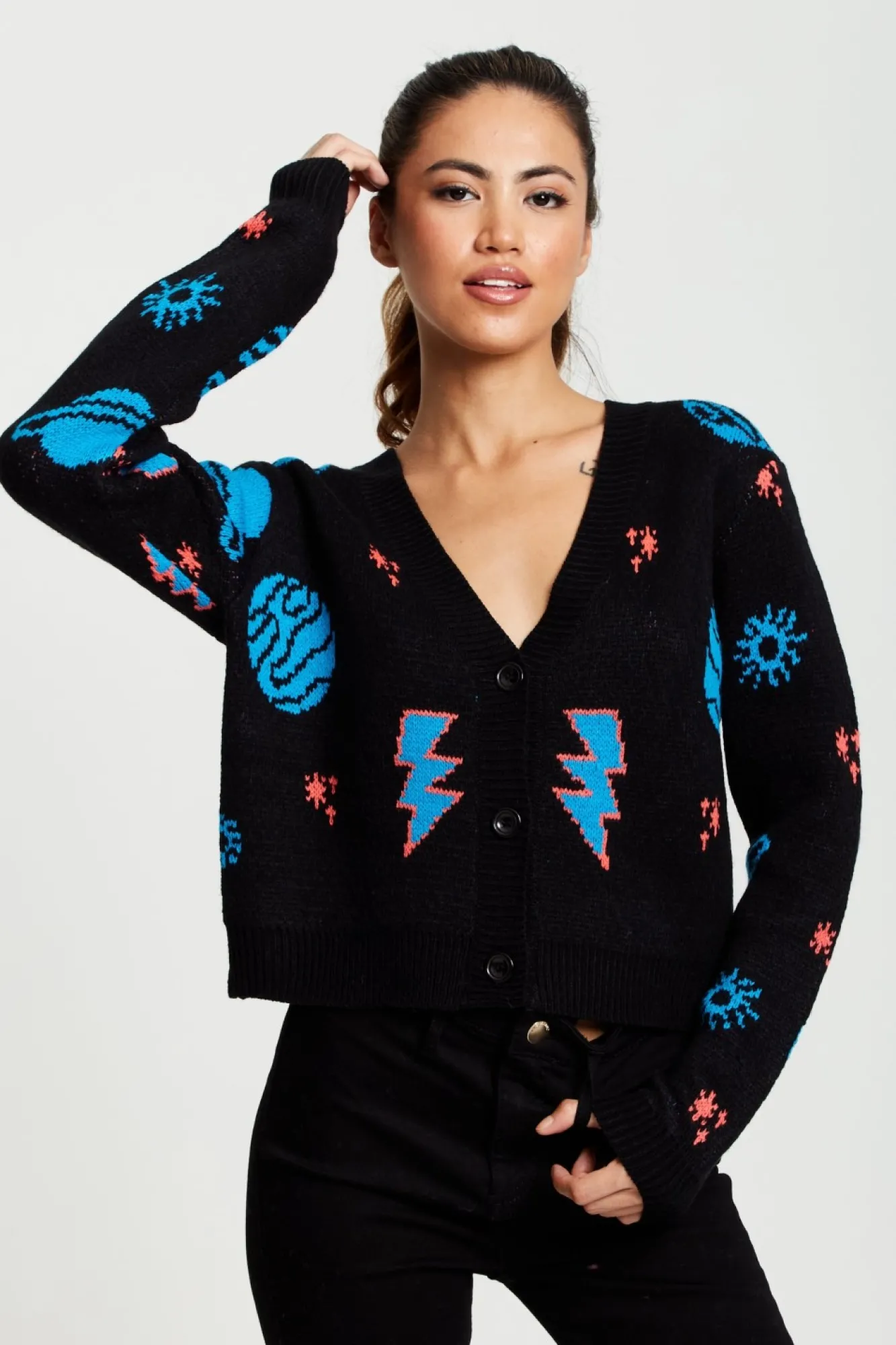 Cardigans^Liquorish Cosmic Pattern Cropped Cardigan In Black