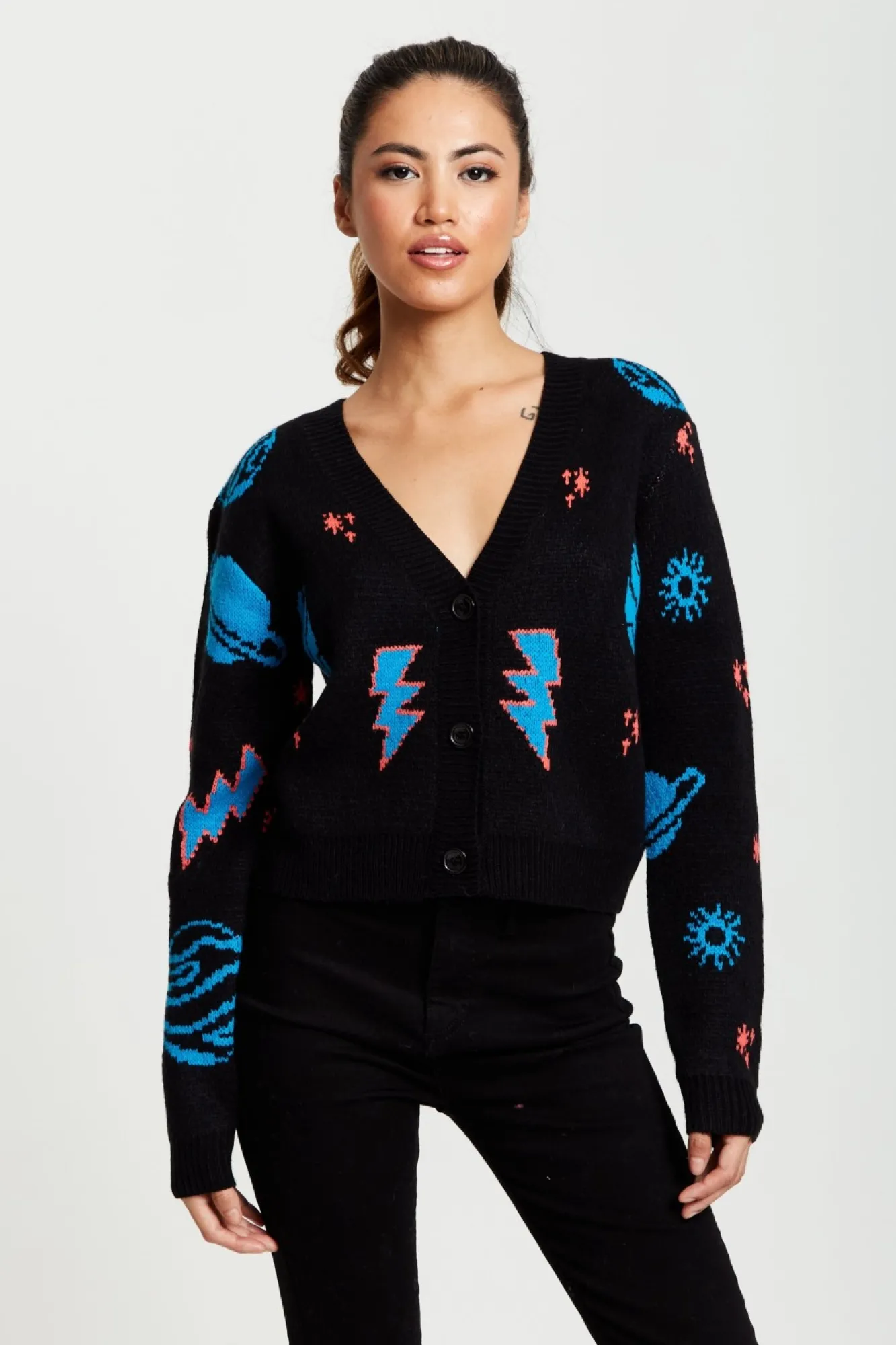 Cardigans^Liquorish Cosmic Pattern Cropped Cardigan In Black