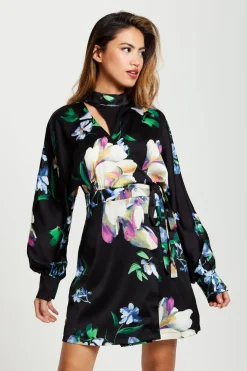 Mini Dresses^Liquorish Elegant Floral Print Mini Wrap Dress Black