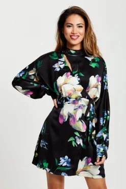 Mini Dresses^Liquorish Elegant Floral Print Mini Wrap Dress Black