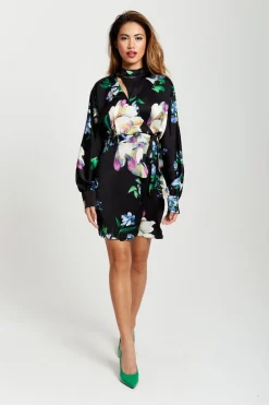 Mini Dresses^Liquorish Elegant Floral Print Mini Wrap Dress Black