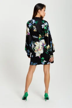 Mini Dresses^Liquorish Elegant Floral Print Mini Wrap Dress Black