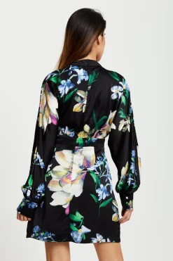 Mini Dresses^Liquorish Elegant Floral Print Mini Wrap Dress Black