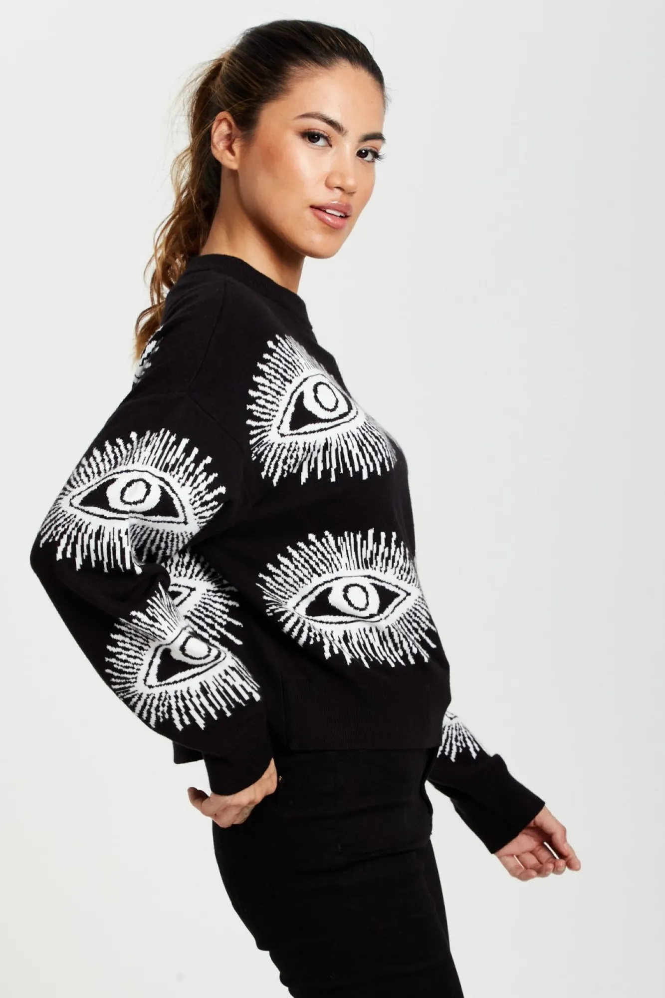 Jumpers^Liquorish Eye Pattern Jumper In Black