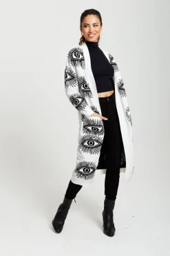 Cardigans^Liquorish Eye Pattern Longline Cardigan In White
