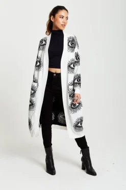 Cardigans^Liquorish Eye Pattern Longline Cardigan In White