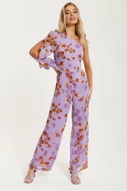 Jumpsuits^Liquorish Floral Asymmetrical Jumpsuit Purple