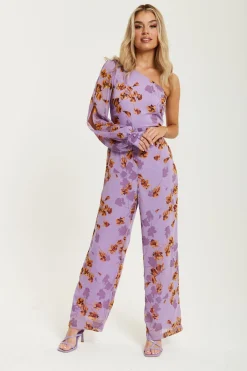 Jumpsuits^Liquorish Floral Asymmetrical Jumpsuit Purple