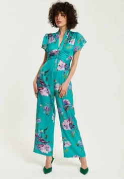 Jumpsuits^Liquorish Floral Jumpsuit With Short Sleeves Green