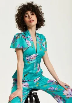 Jumpsuits^Liquorish Floral Jumpsuit With Short Sleeves Green