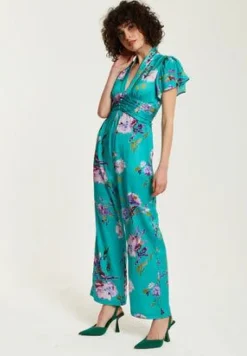 Jumpsuits^Liquorish Floral Jumpsuit With Short Sleeves Green