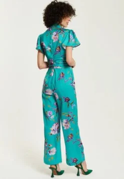 Jumpsuits^Liquorish Floral Jumpsuit With Short Sleeves Green