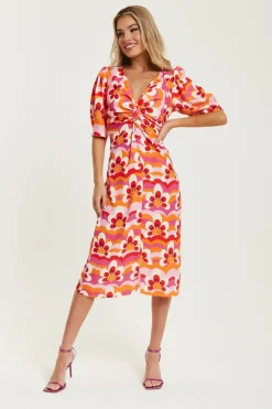 Midi Dresses^Liquorish Floral Knot Front Midi Dress In Orange And Pink Multicolour