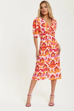 Midi Dresses^Liquorish Floral Knot Front Midi Dress In Orange And Pink Multicolour