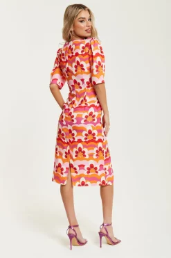 Midi Dresses^Liquorish Floral Knot Front Midi Dress In Orange And Pink Multicolour