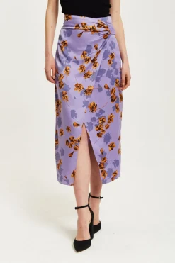 Skirts^Liquorish Floral Midi Skirt With Ruching Detail Purple