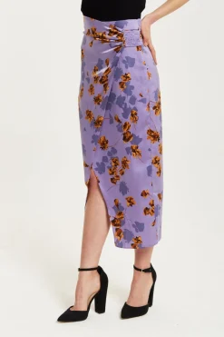 Skirts^Liquorish Floral Midi Skirt With Ruching Detail Purple
