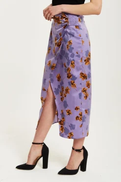 Skirts^Liquorish Floral Midi Skirt With Ruching Detail Purple