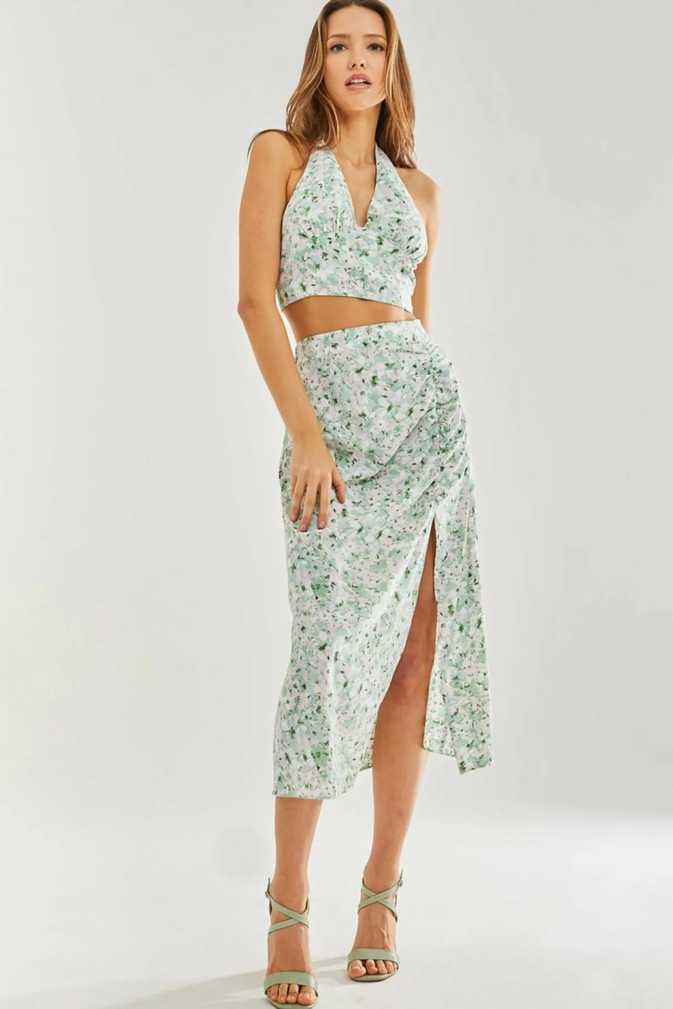 Skirts^Liquorish Floral Midi Skirt Green