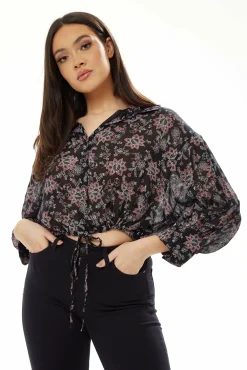 Crop Tops^Liquorish Floral Print Crop Shirt In Black