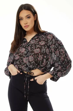 Crop Tops^Liquorish Floral Print Crop Shirt In Black