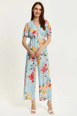 Jumpsuits^Liquorish Floral Print Jumpsuit With Wide Legs Blue
