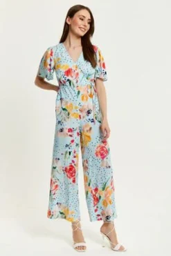 Jumpsuits^Liquorish Floral Print Jumpsuit With Wide Legs Blue