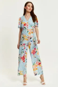 Jumpsuits^Liquorish Floral Print Jumpsuit With Wide Legs Blue