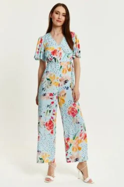 Jumpsuits^Liquorish Floral Print Jumpsuit With Wide Legs Blue