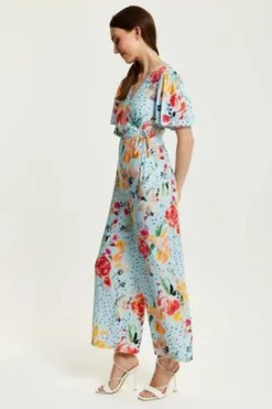 Jumpsuits^Liquorish Floral Print Jumpsuit With Wide Legs Blue