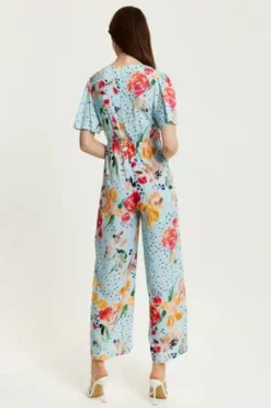 Jumpsuits^Liquorish Floral Print Jumpsuit With Wide Legs Blue