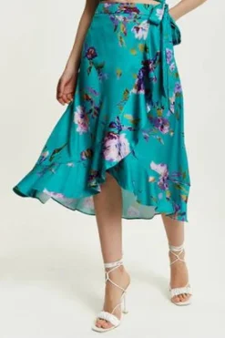 Skirts^Liquorish Floral Print Midi Wrap Skirt Green