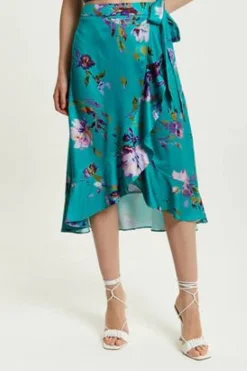 Skirts^Liquorish Floral Print Midi Wrap Skirt Green